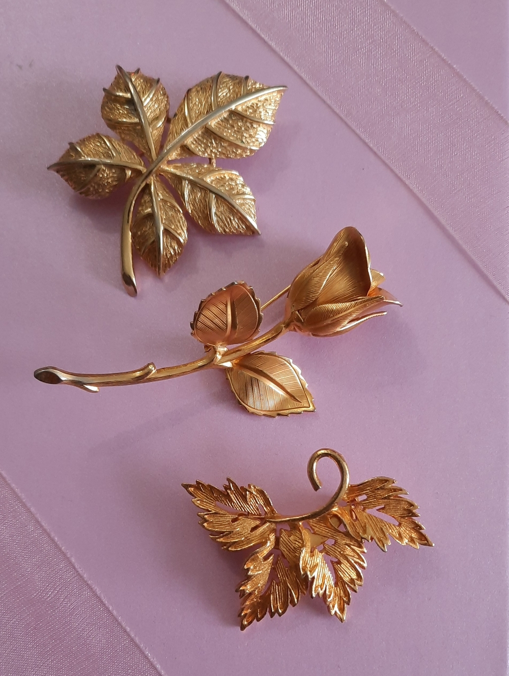Gold-Tone Leaf and Rose Brooch Lot